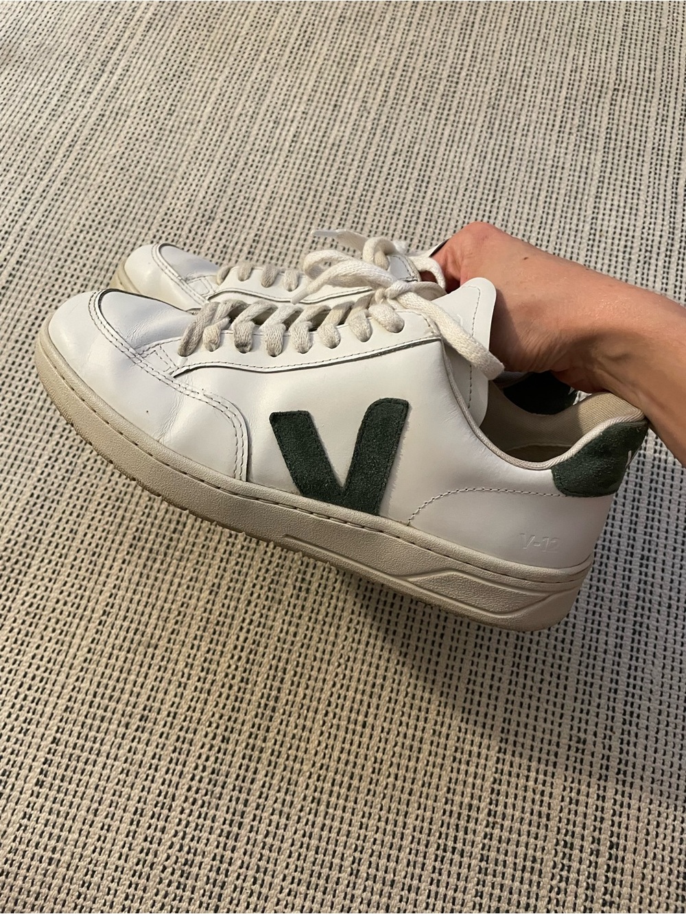 Veja V-12 White Leather Sneakers with Dark Green Suede V